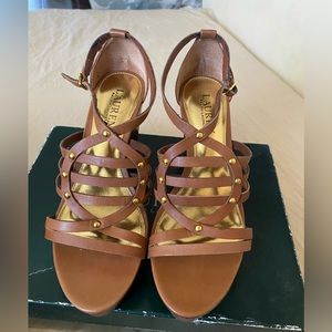 Lauren Ralph women polo tan soft burnished calf heels